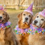 two golden retriever dogs wearing birthday hats